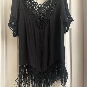 Elegant Black Crochet Fringe Swim Coverup